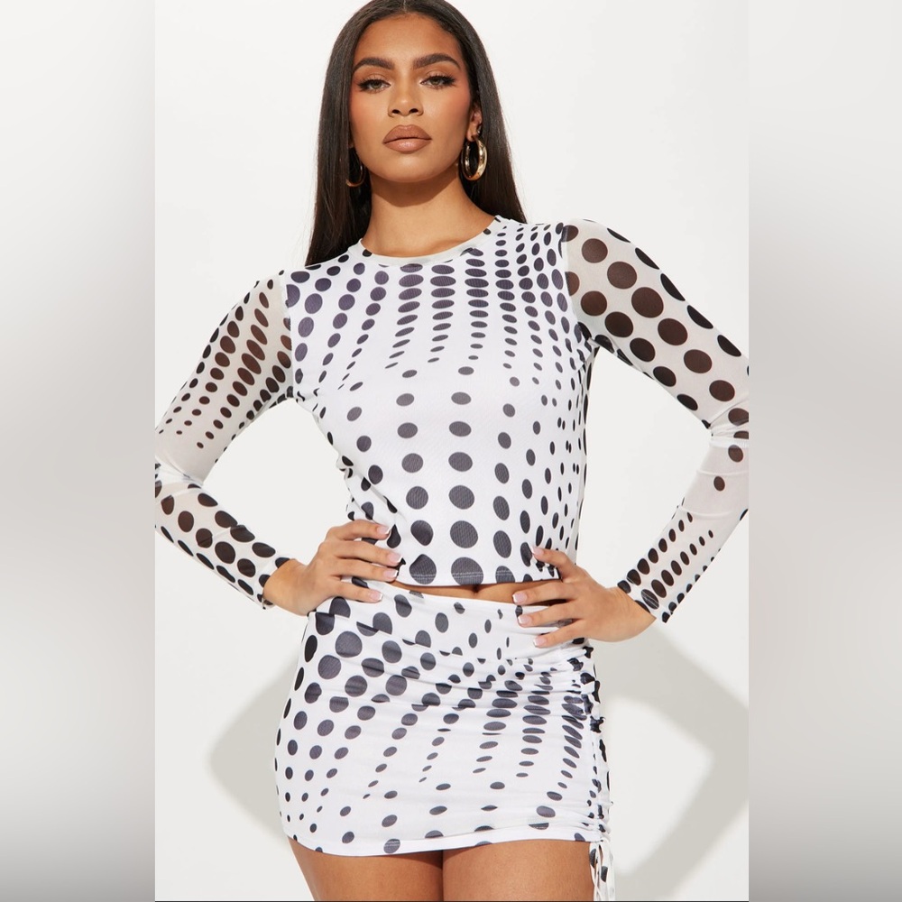 Fashion Nova- Polka Dot Mesh Long Sleeve Top- Size Large